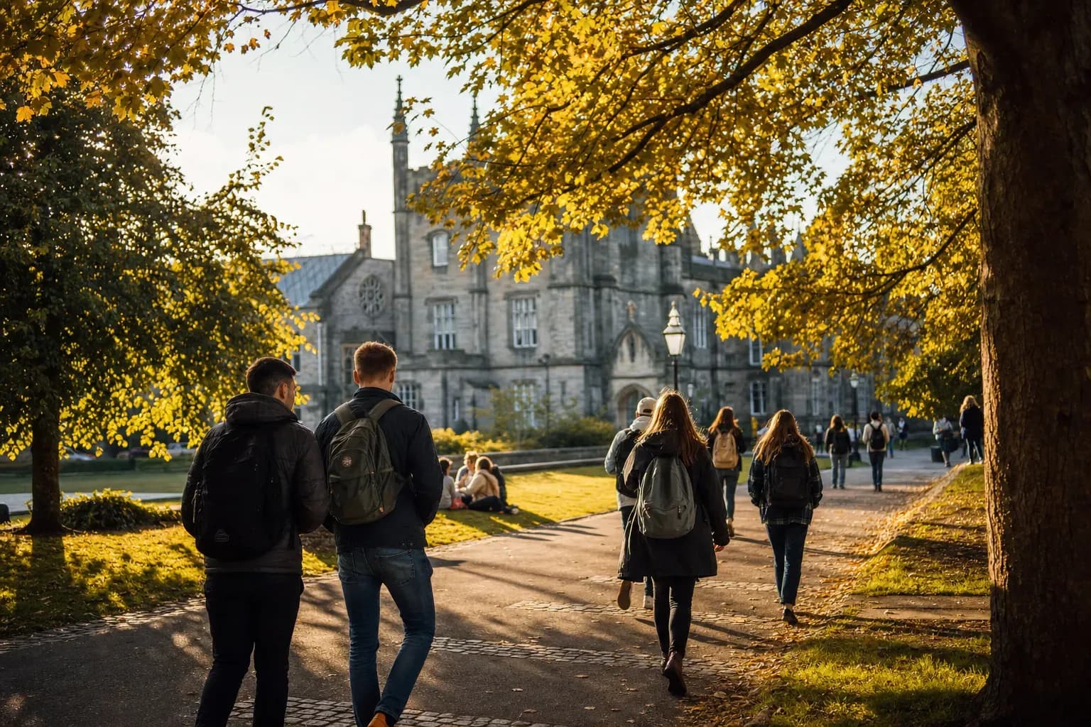 University of St Andrews 聖安德魯斯大學的寫實校園景緻，學生在建築前漫步