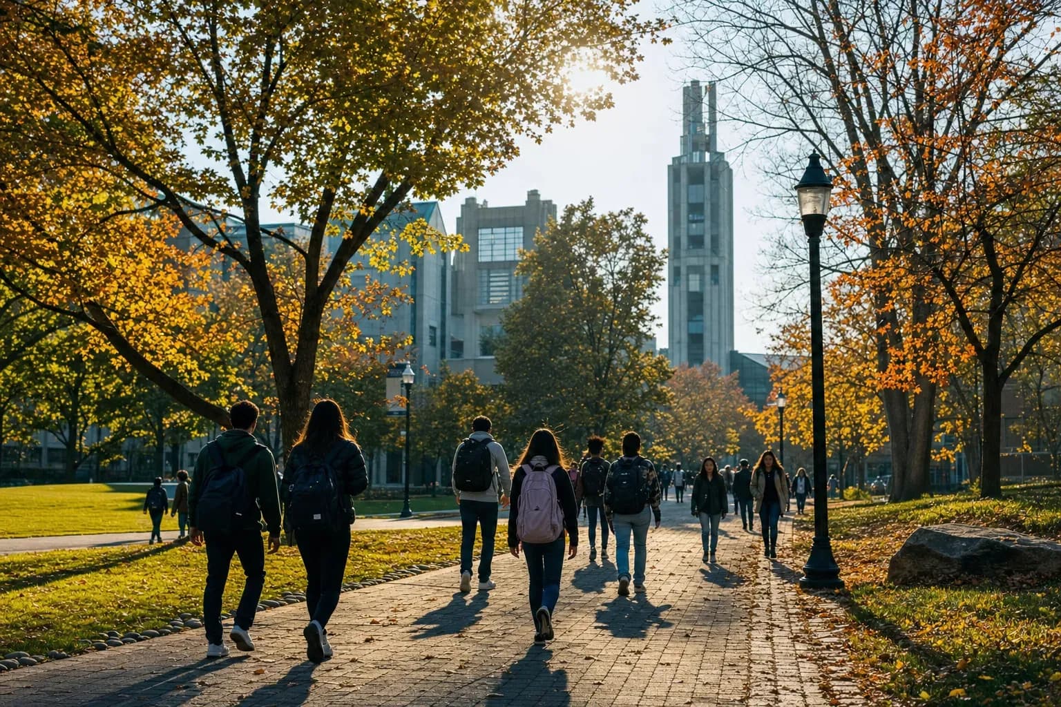 Stony Brook 紐約州立石溪分校的寫實校園景緻，學生在建築前漫步
