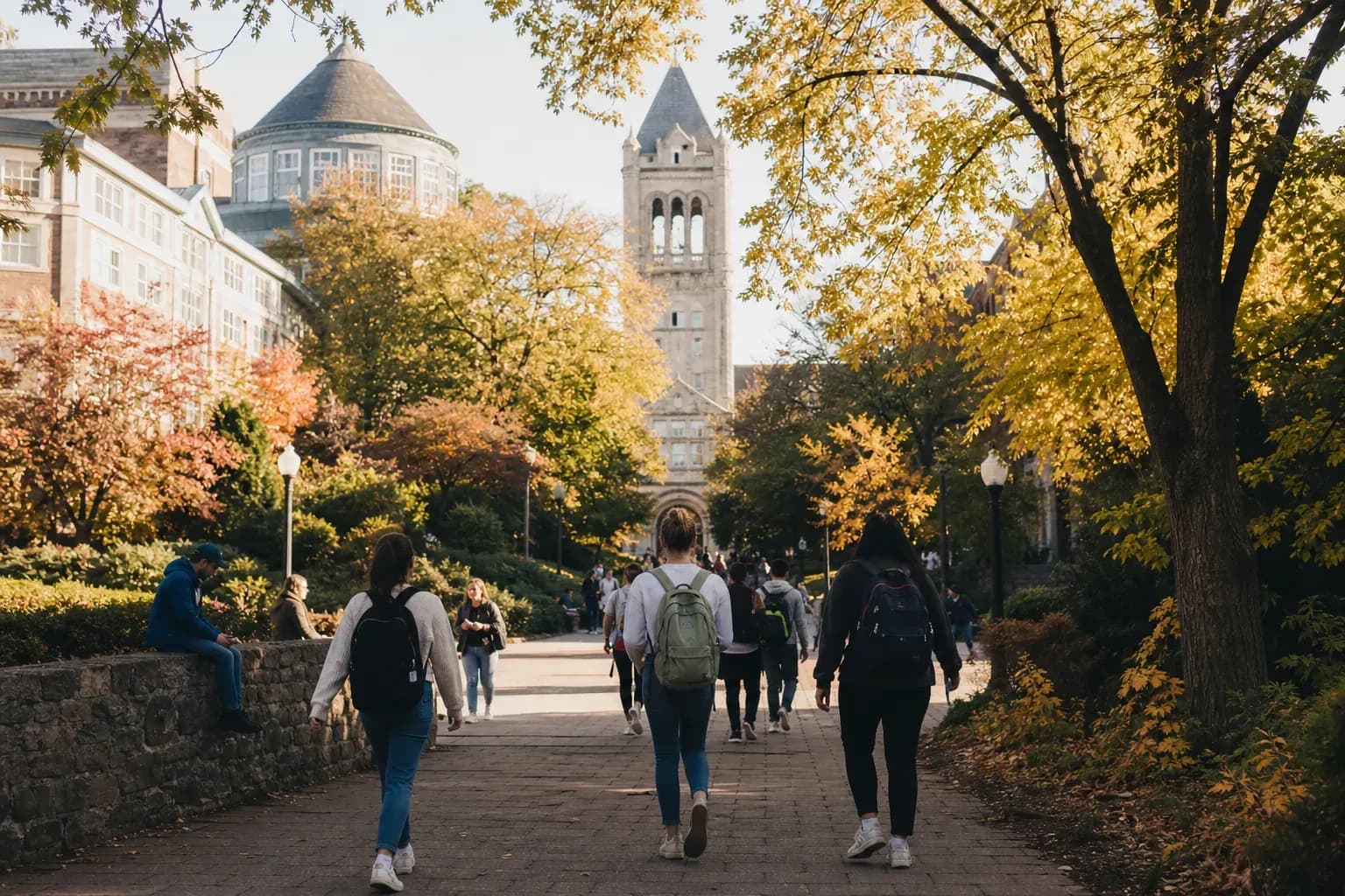 Tufts University 塔夫茨大學的寫實校園景緻，學生在建築前漫步