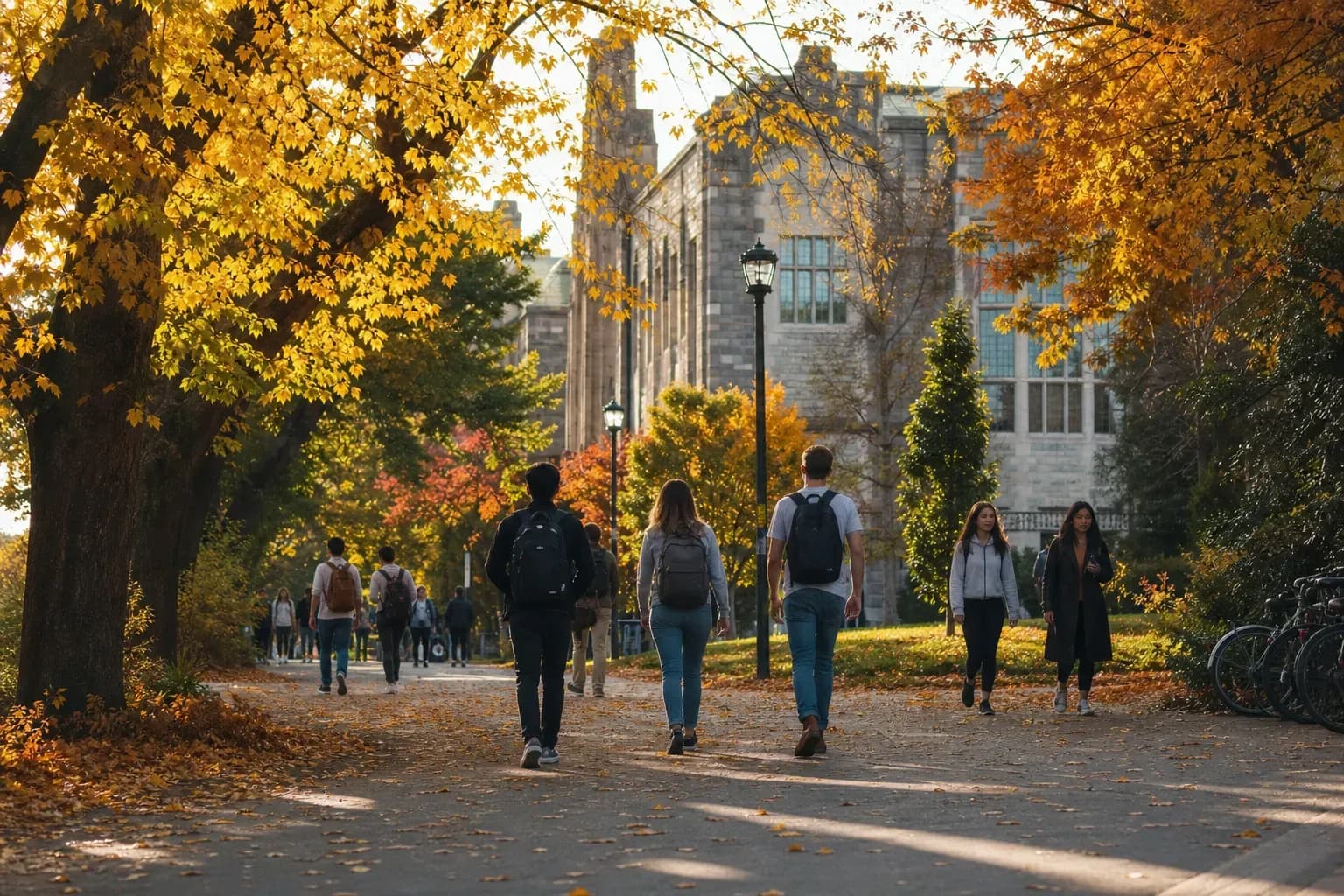 University of British Columbia 不列顛哥倫比亞大學的寫實校園景緻，學生在建築前漫步