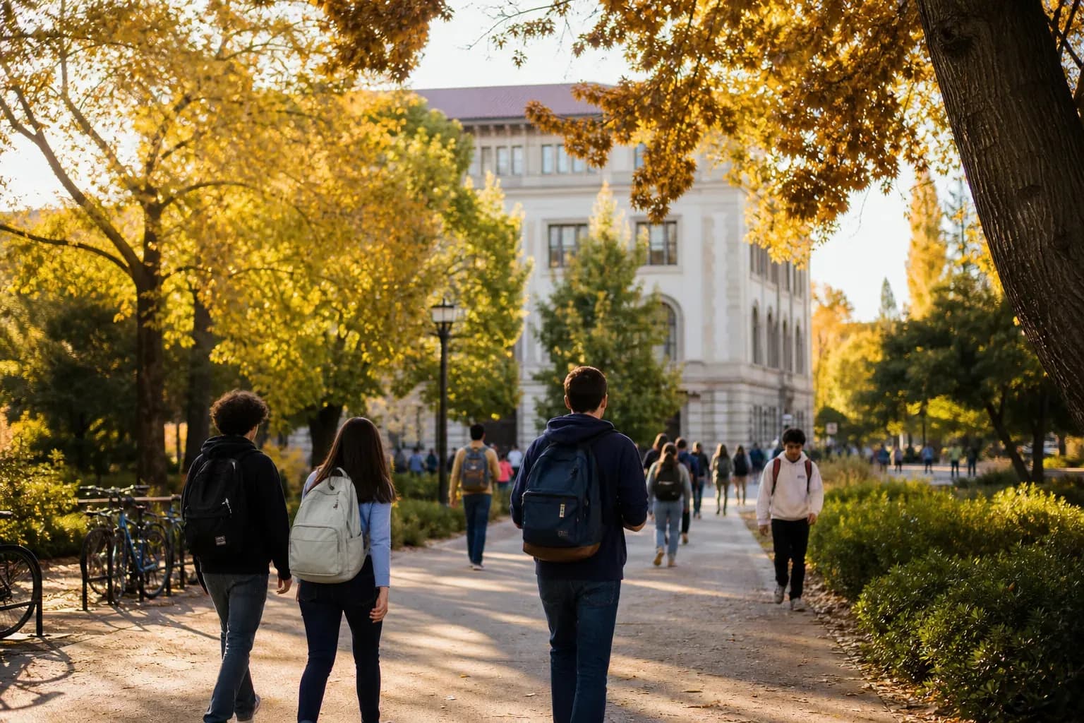 UC Davis 加州大學戴維斯分校的寫實校園景緻，學生在建築前漫步