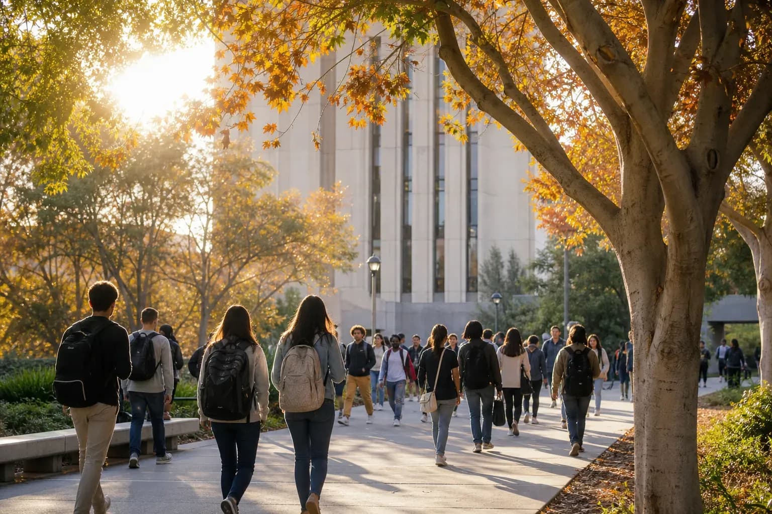 UC Irvine 加州大學爾灣分校的寫實校園景緻，學生在建築前漫步