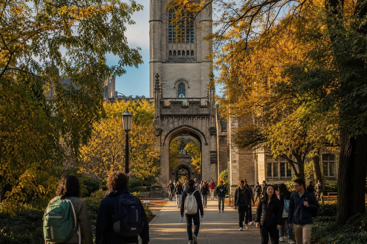 University of Chicago 芝加哥大學的寫實校園景緻，學生在建築前漫步