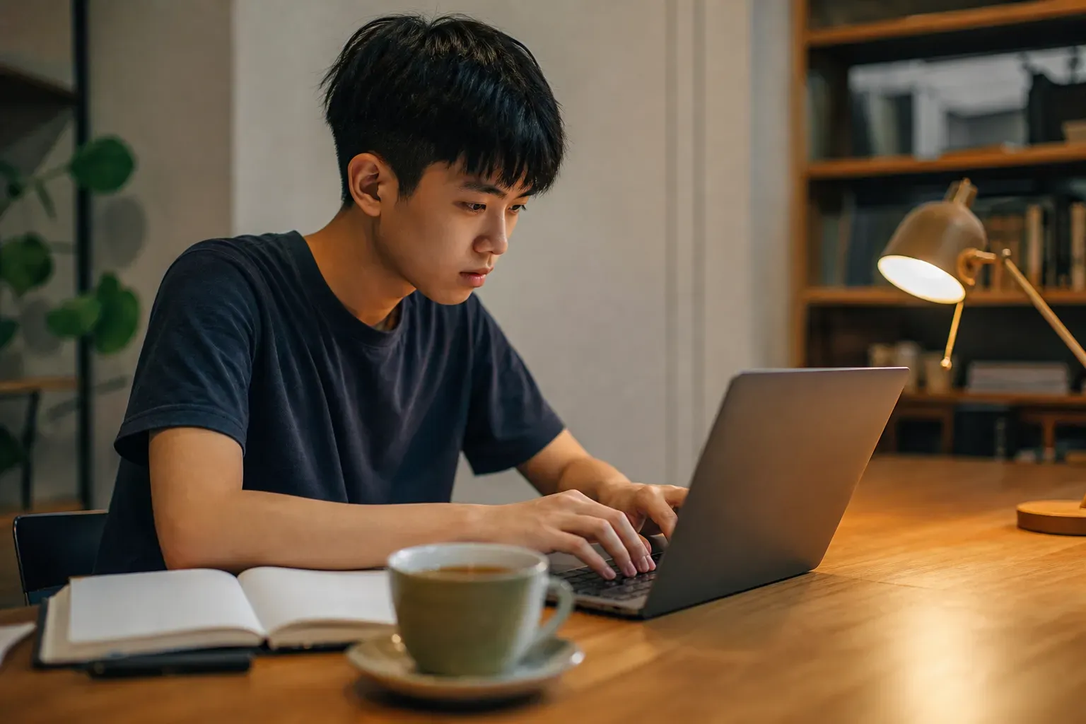 一位專注的學生在溫馨的書房中用電腦撰寫申請文書