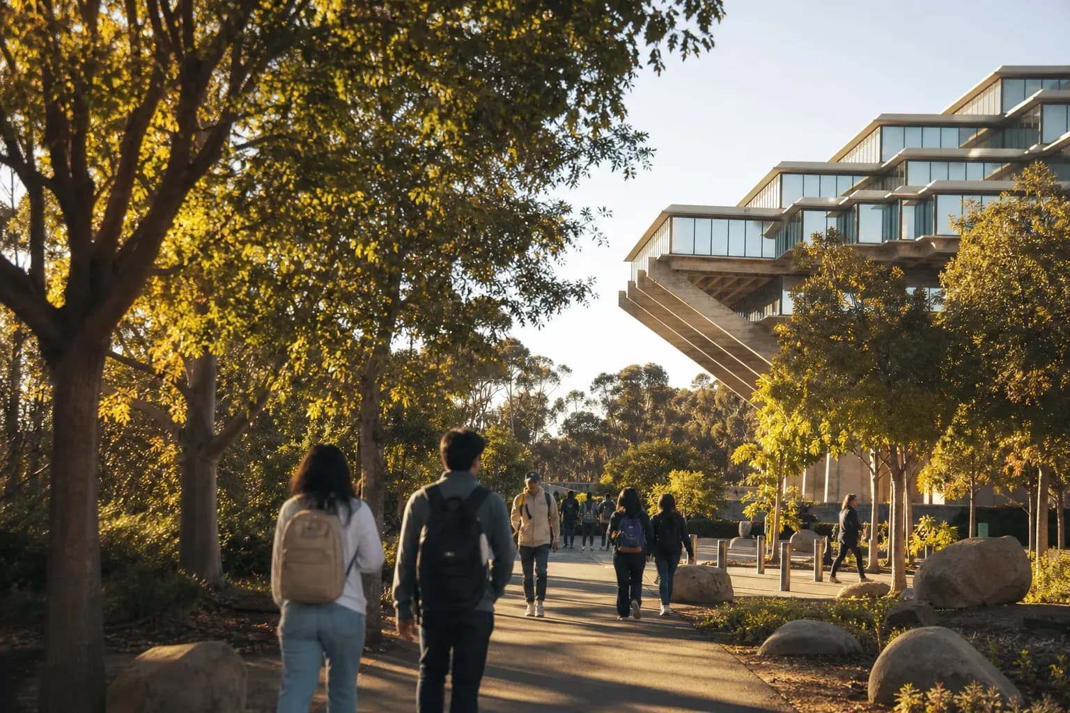 UC San Diego 加州大學聖地牙哥分校的寫實校園景緻，學生在建築前漫步