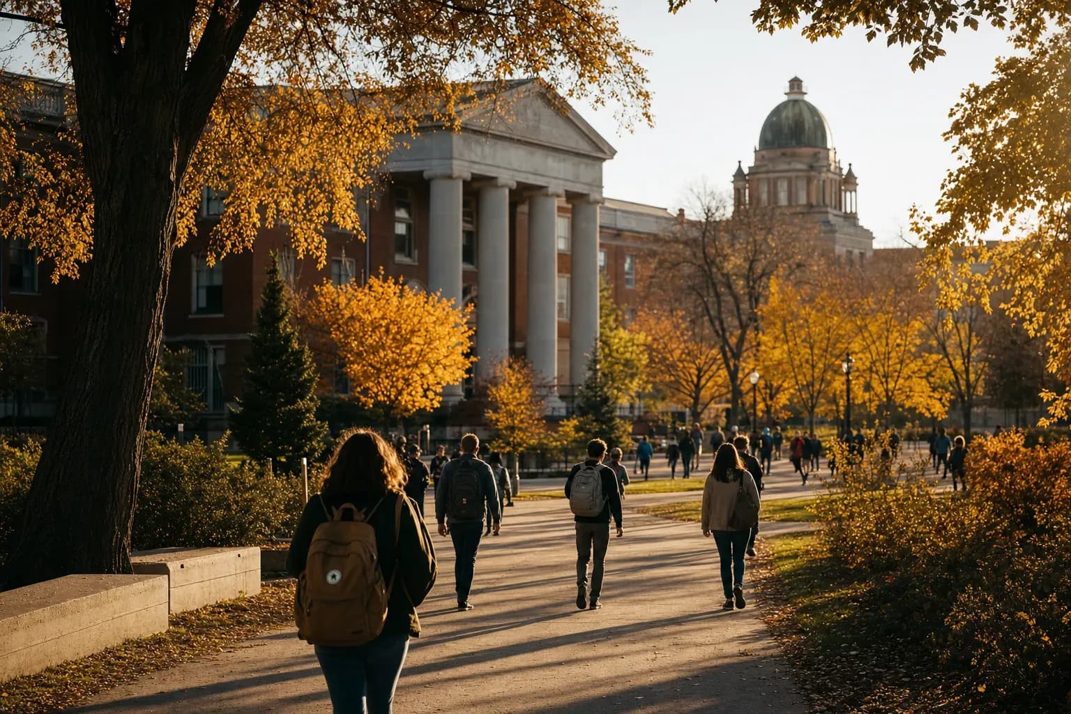 University of Alberta 阿爾伯塔大學的寫實校園景緻，學生在建築前漫步