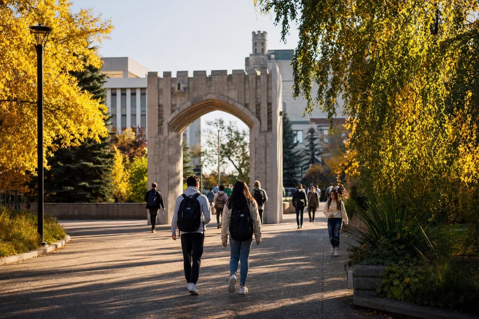 University of Calgary 卡爾加里大學的寫實校園景緻，學生在建築前漫步