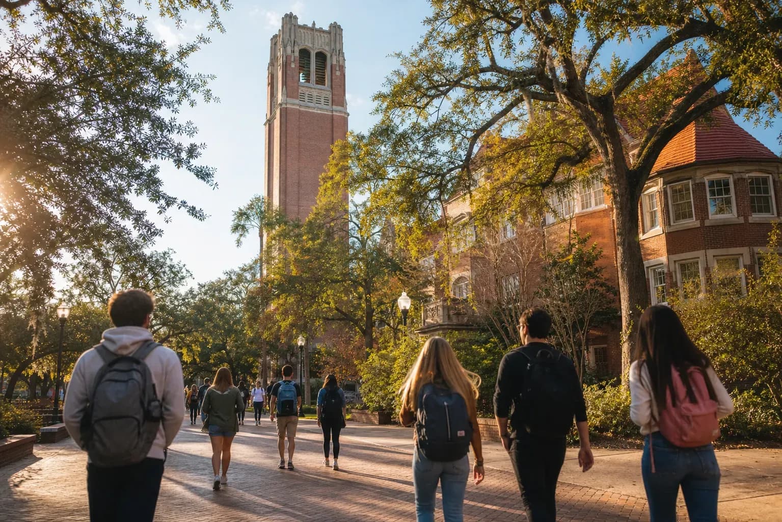 University of Florida 佛羅里達大學的寫實校園景緻，學生在建築前漫步