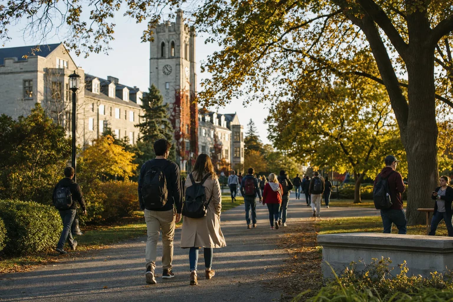 University of Guelph 圭爾夫大學的寫實校園景緻，學生在建築前漫步