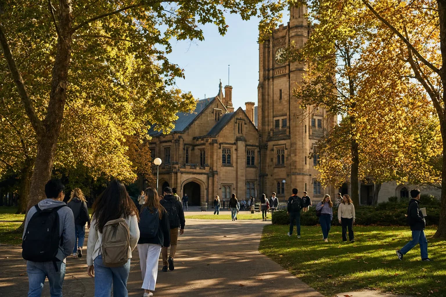 University of Melbourne 墨爾本大學的寫實校園景緻，學生在建築前漫步