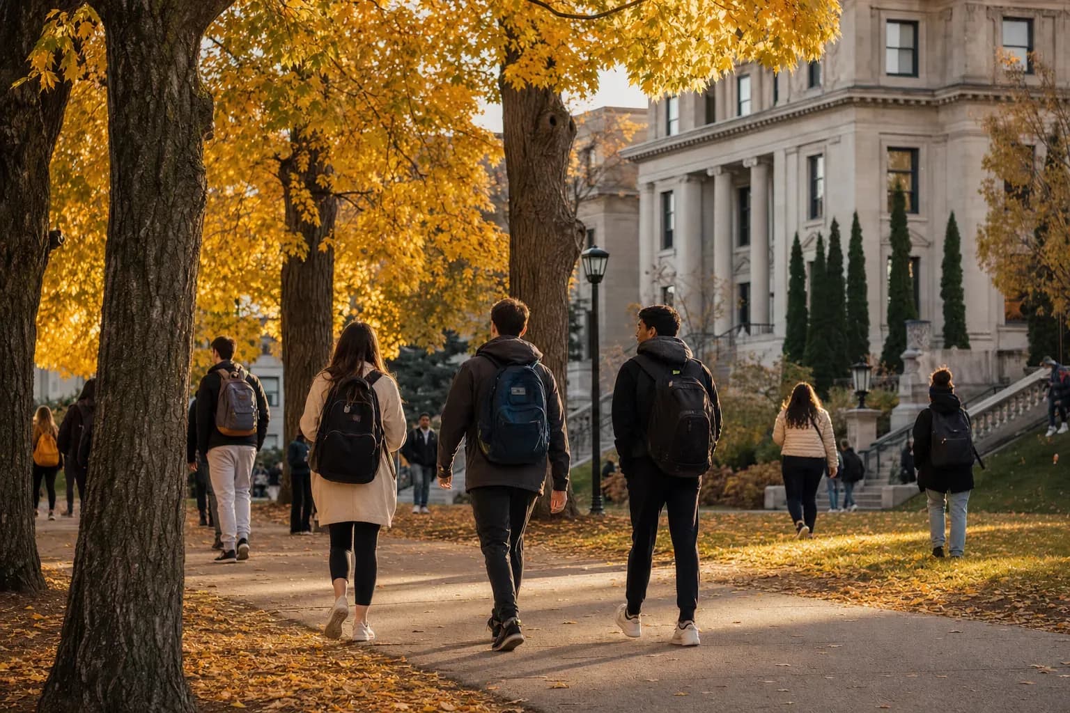 University of Ottawa 渥太華大學的寫實校園景緻，學生在建築前漫步