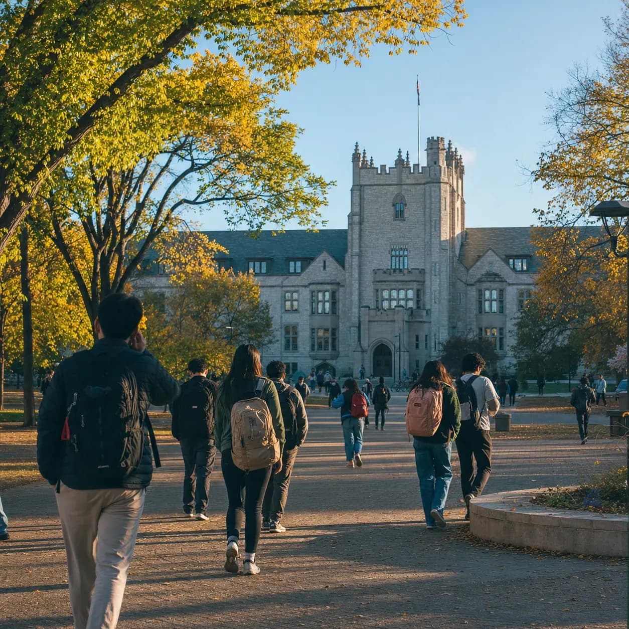 University of Saskatchewan 薩斯喀徹溫大學的寫實校園景緻，學生在建築前漫步