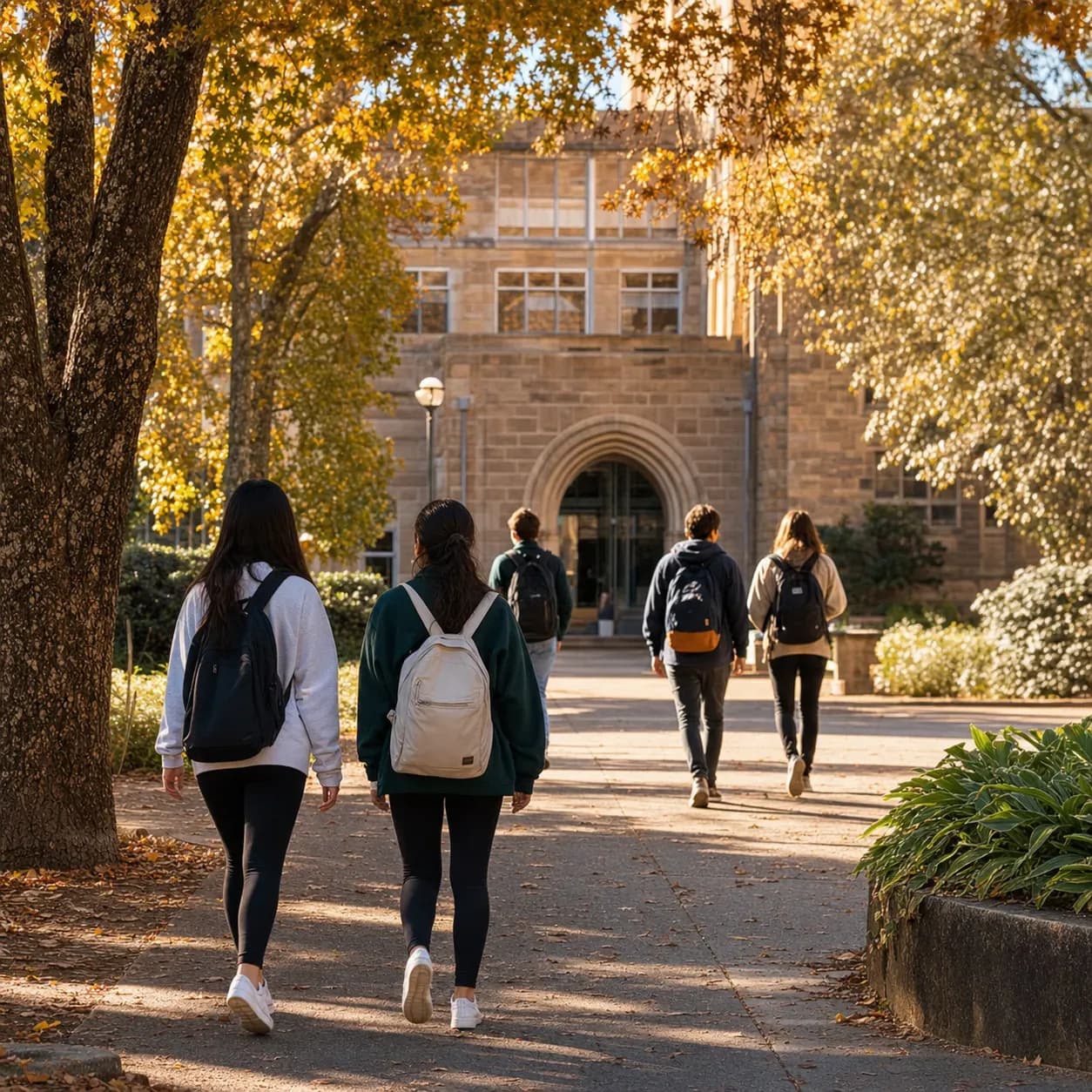 University of Wollongong 臥龍崗大學的寫實校園景緻，學生在建築前漫步