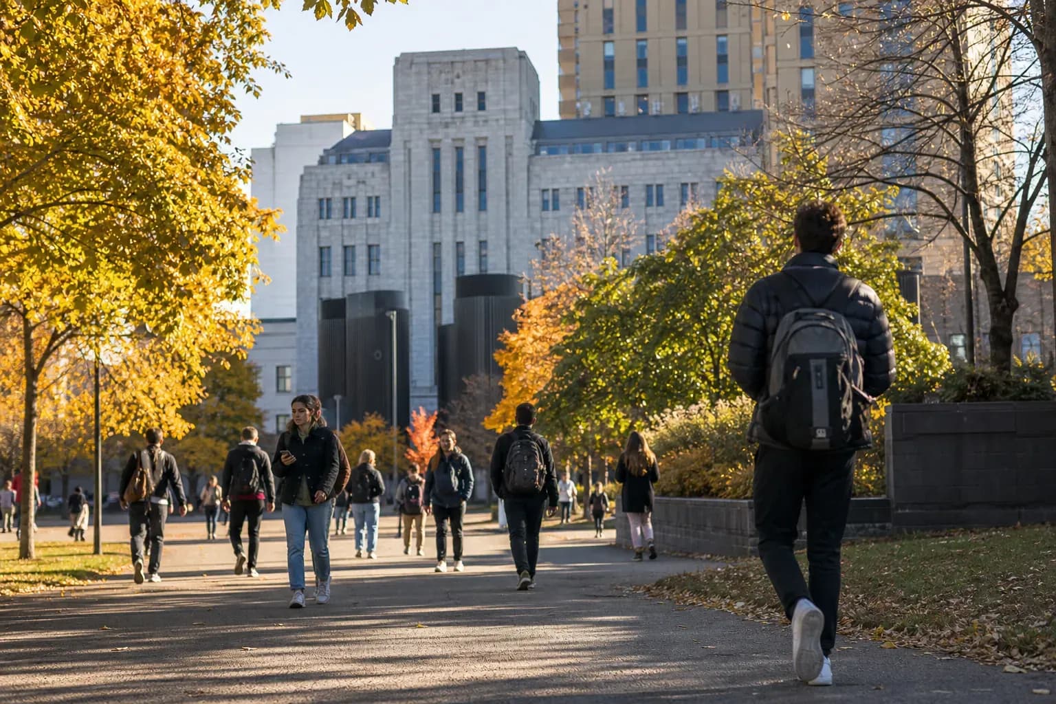 Université du Québec à Montréal (UQAM) 蒙特利爾魁北克大學的寫實校園景緻，學生在建築前漫步