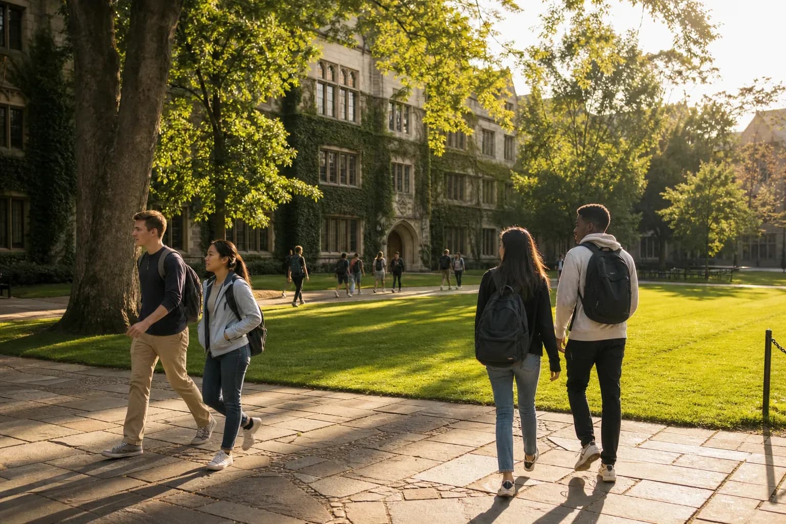美麗且陽光明媚的大學校園，學生們背著背包走在校園中