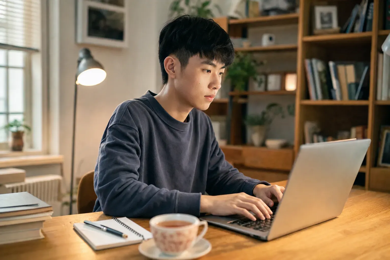 一位專注的學生在溫馨的書房中用電腦撰寫申請文書