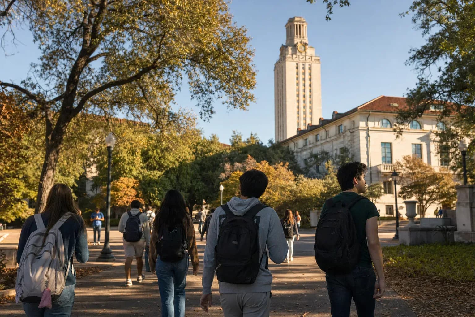 UT Austin 德州大學奧斯汀分校的寫實校園景緻，學生在建築前漫步