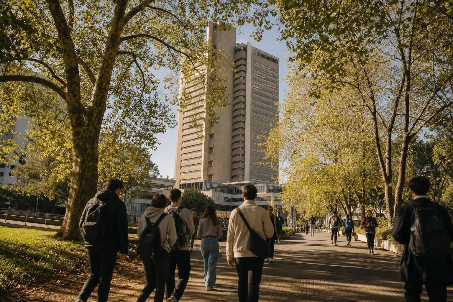 UTS 雪梨科技大學的寫實校園景緻，學生在建築前漫步