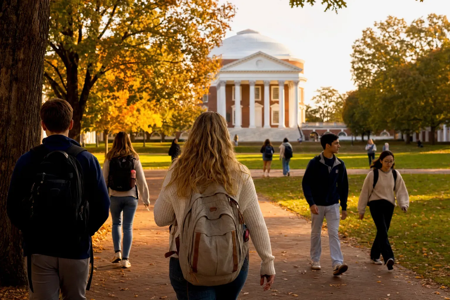 University of Virginia 維吉尼亞大學的寫實校園景緻，學生在建築前漫步