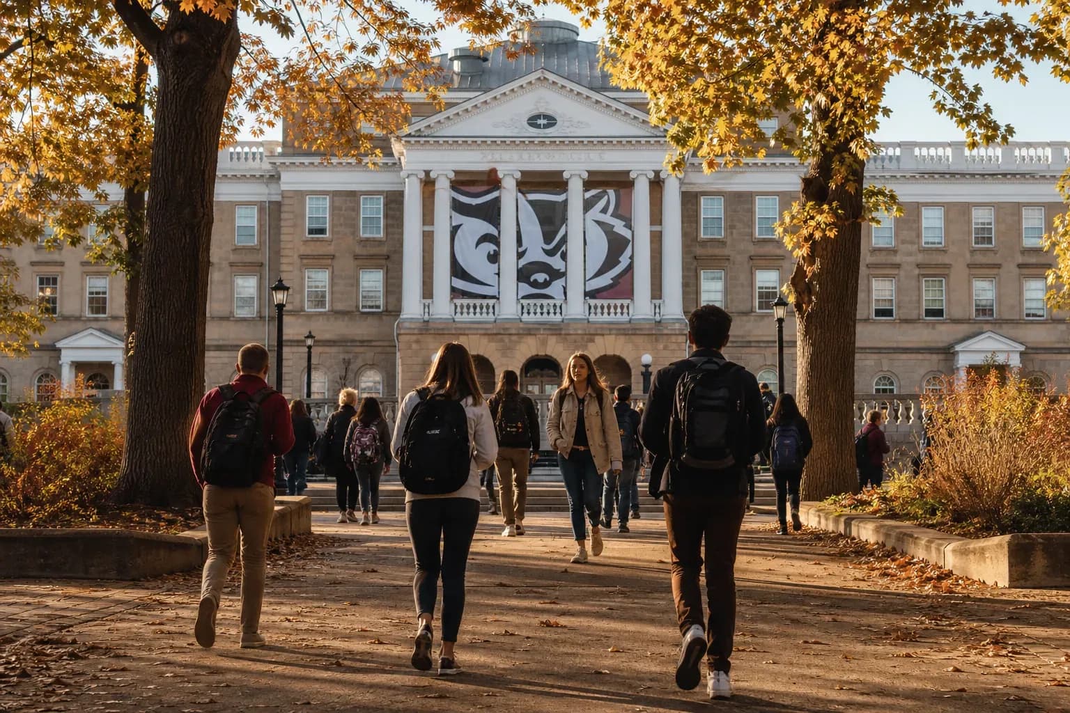 UW Madison 威斯康辛大學麥迪遜分校的寫實校園景緻，學生在建築前漫步