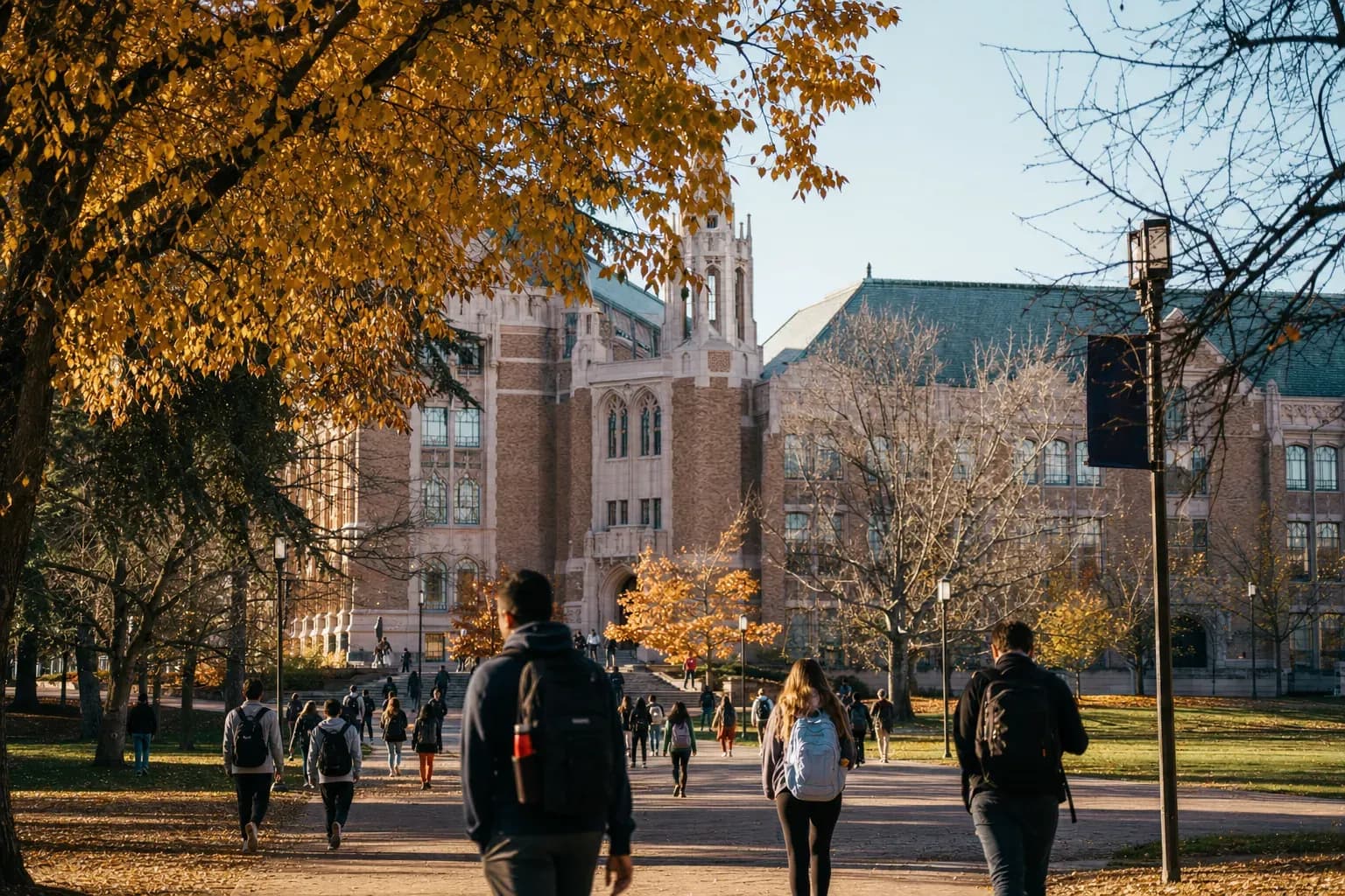 UW Seattle 華盛頓大學西雅圖的寫實校園景緻，學生在建築前漫步