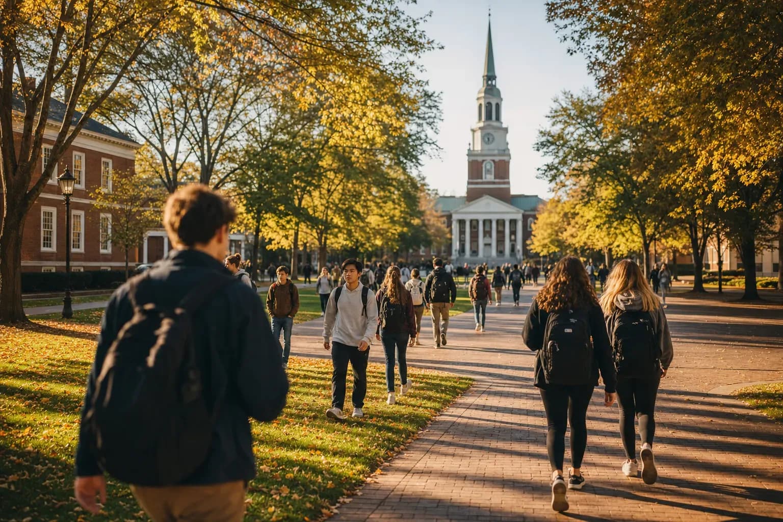 Wake Forest 維克森林大學的寫實校園景緻，學生在建築前漫步