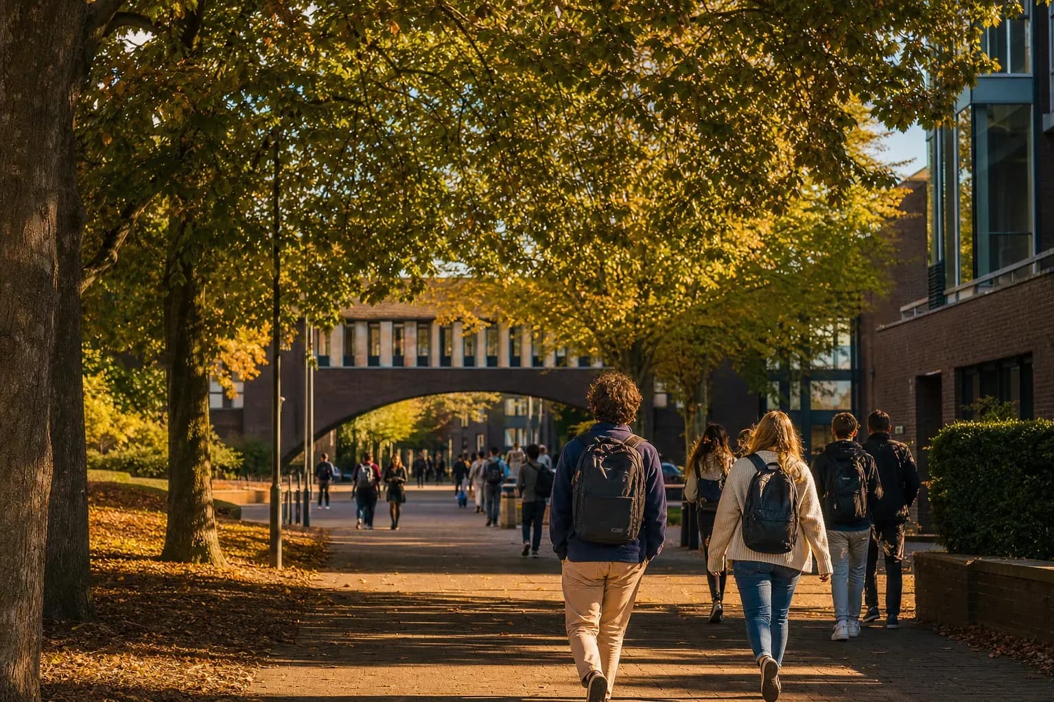 University of Warwick 華威大學的寫實校園景緻，學生在建築前漫步