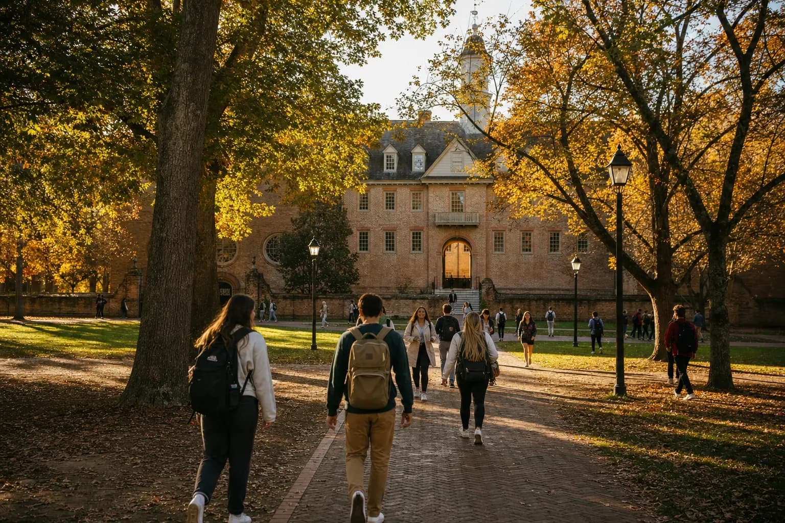 William & Mary 威廉與瑪麗學院的寫實校園景緻，學生在建築前漫步