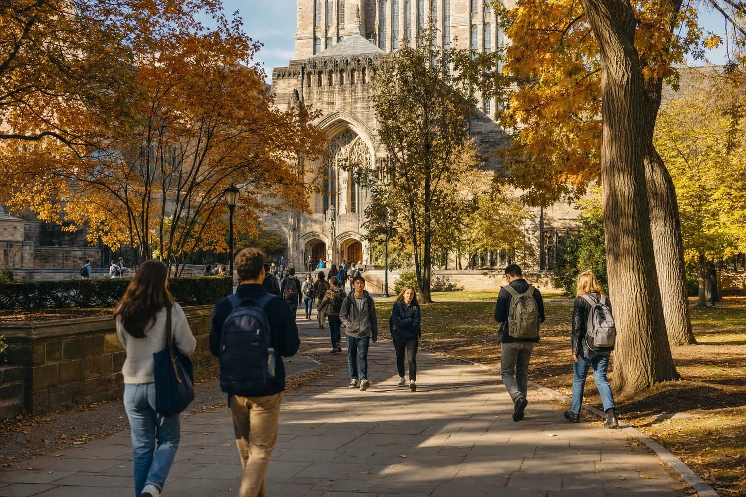 Yale University 耶魯大學的寫實校園景緻，學生在建築前漫步
