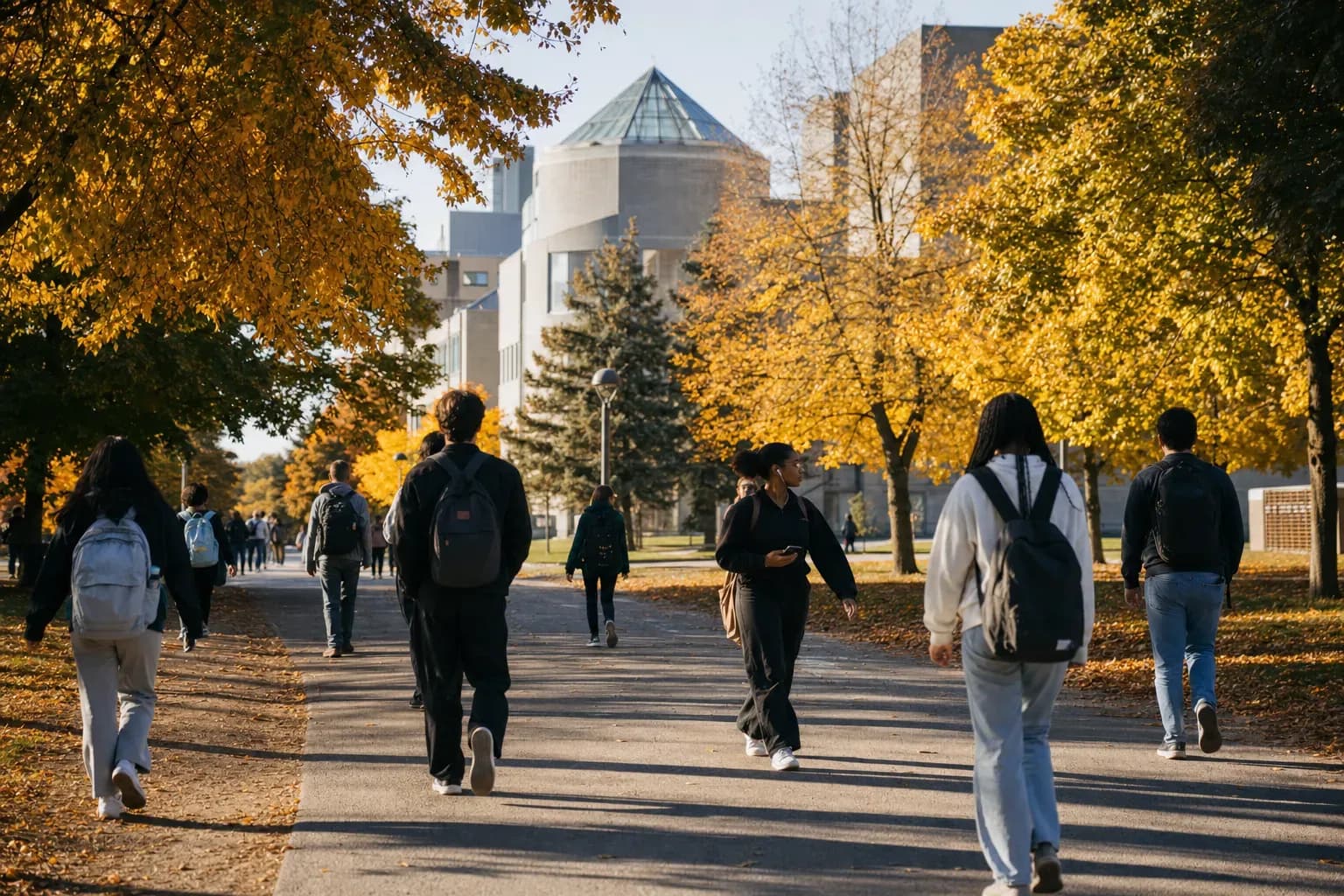 York University 約克大學的寫實校園景緻，學生在建築前漫步