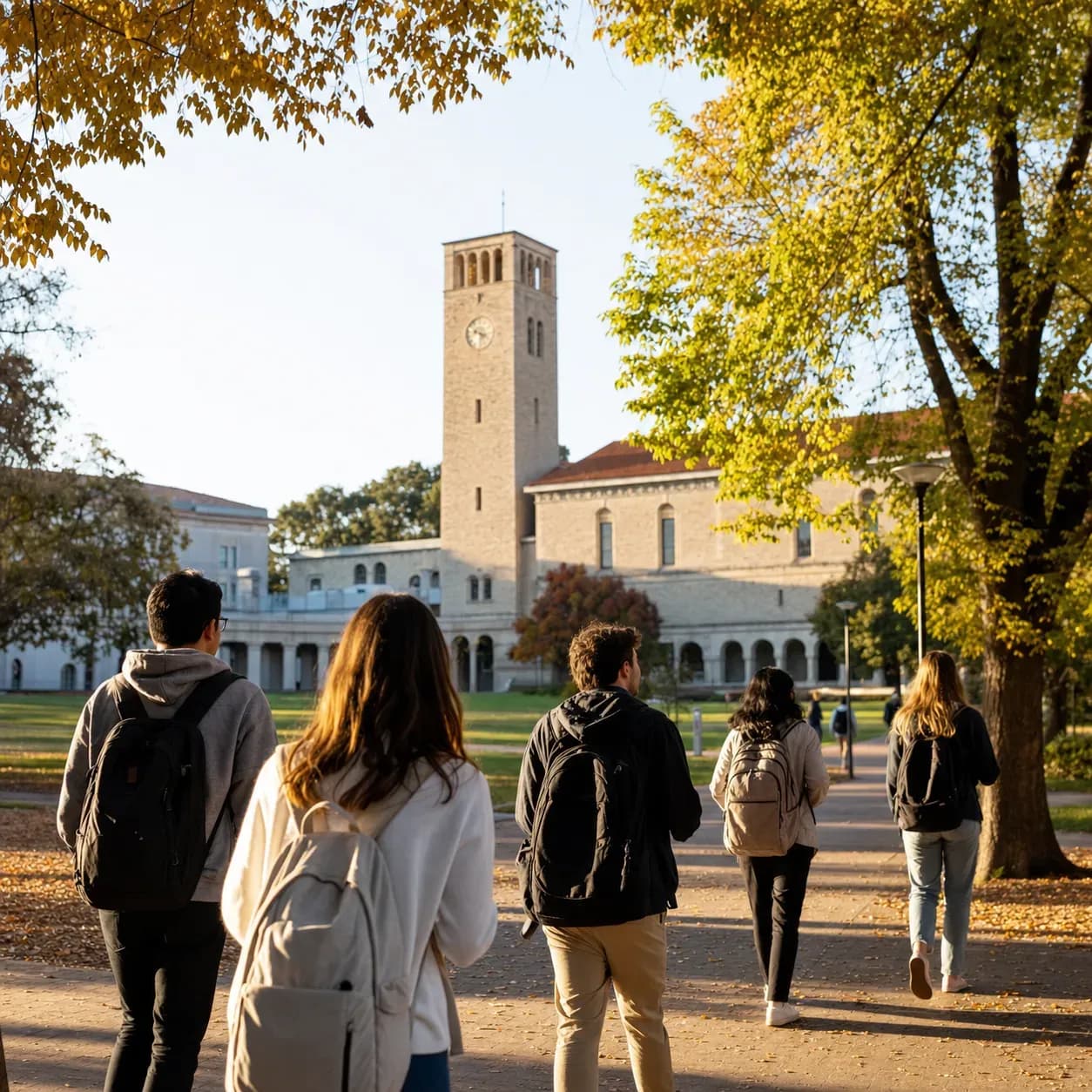 Australian National University 澳洲國立大學的寫實校園景緻,學生在建築前漫步