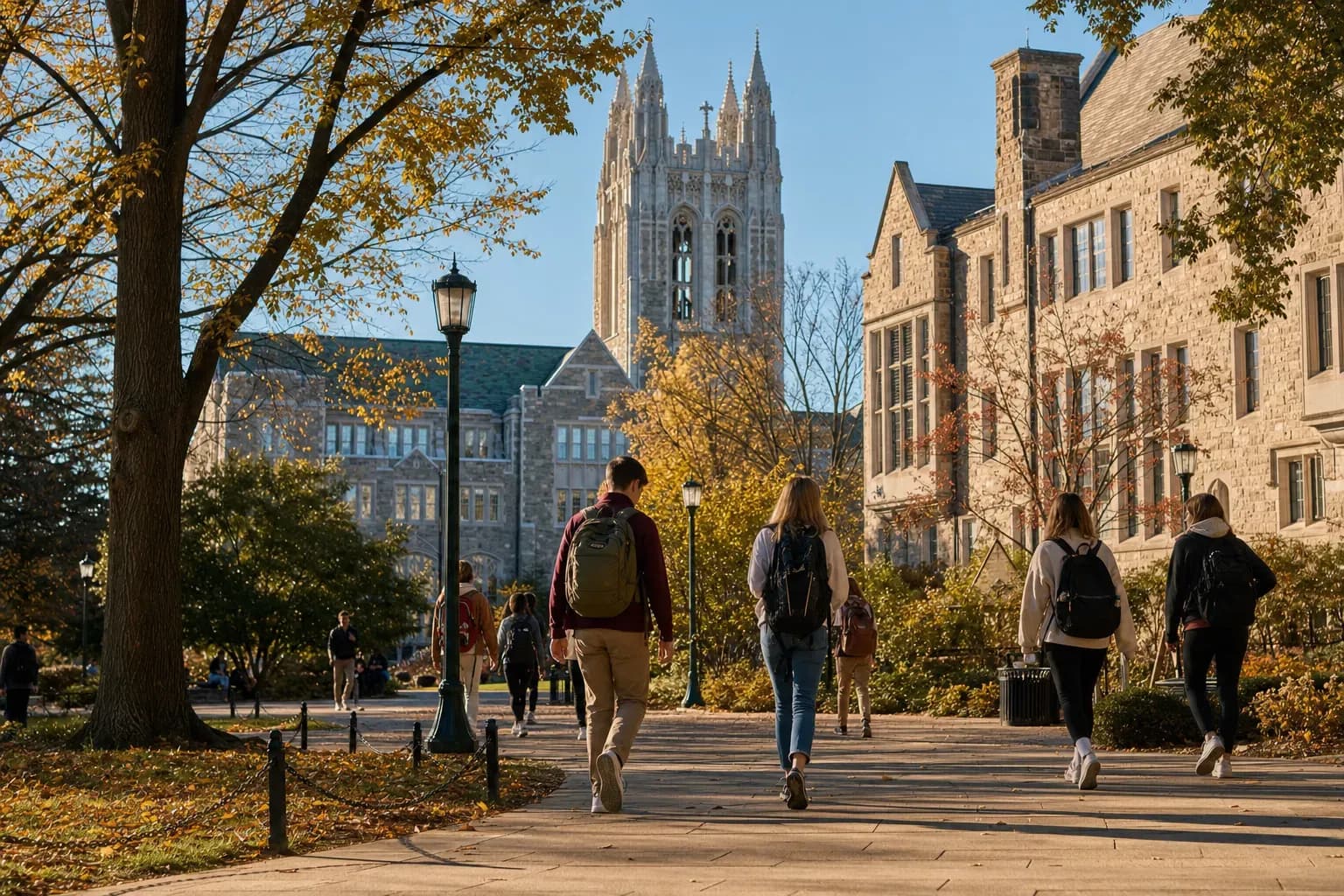 Boston College 波士頓學院的寫實校園景緻,學生在建築前漫步