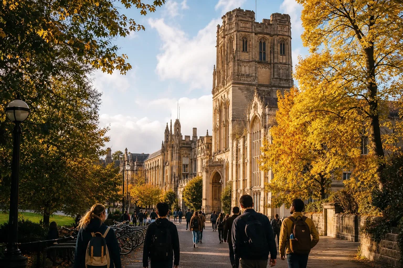 University of Bristol 布里斯托大學的寫實校園景緻,學生在建築前漫步