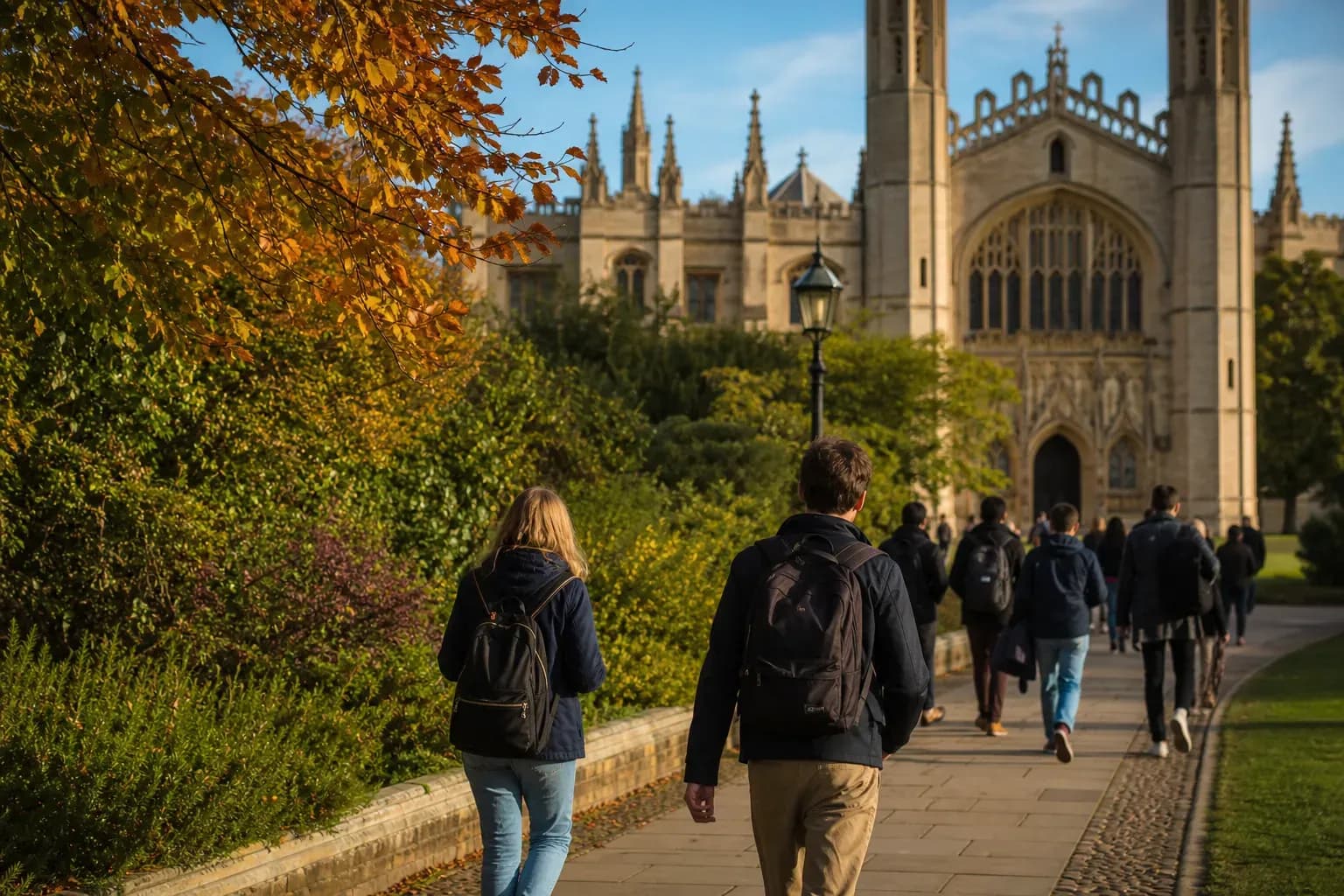 University of Cambridge 劍橋大學的寫實校園景緻,學生在建築前漫步
