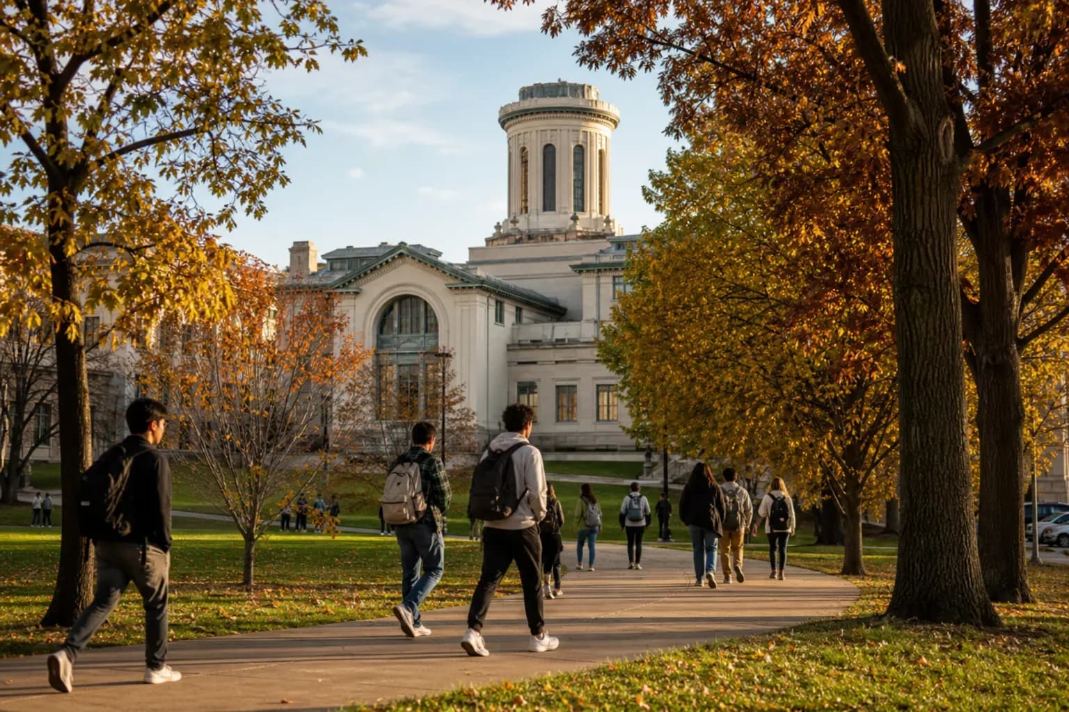 Carnegie Mellon University 卡內基美隆大學的寫實校園景緻,學生在建築前漫步