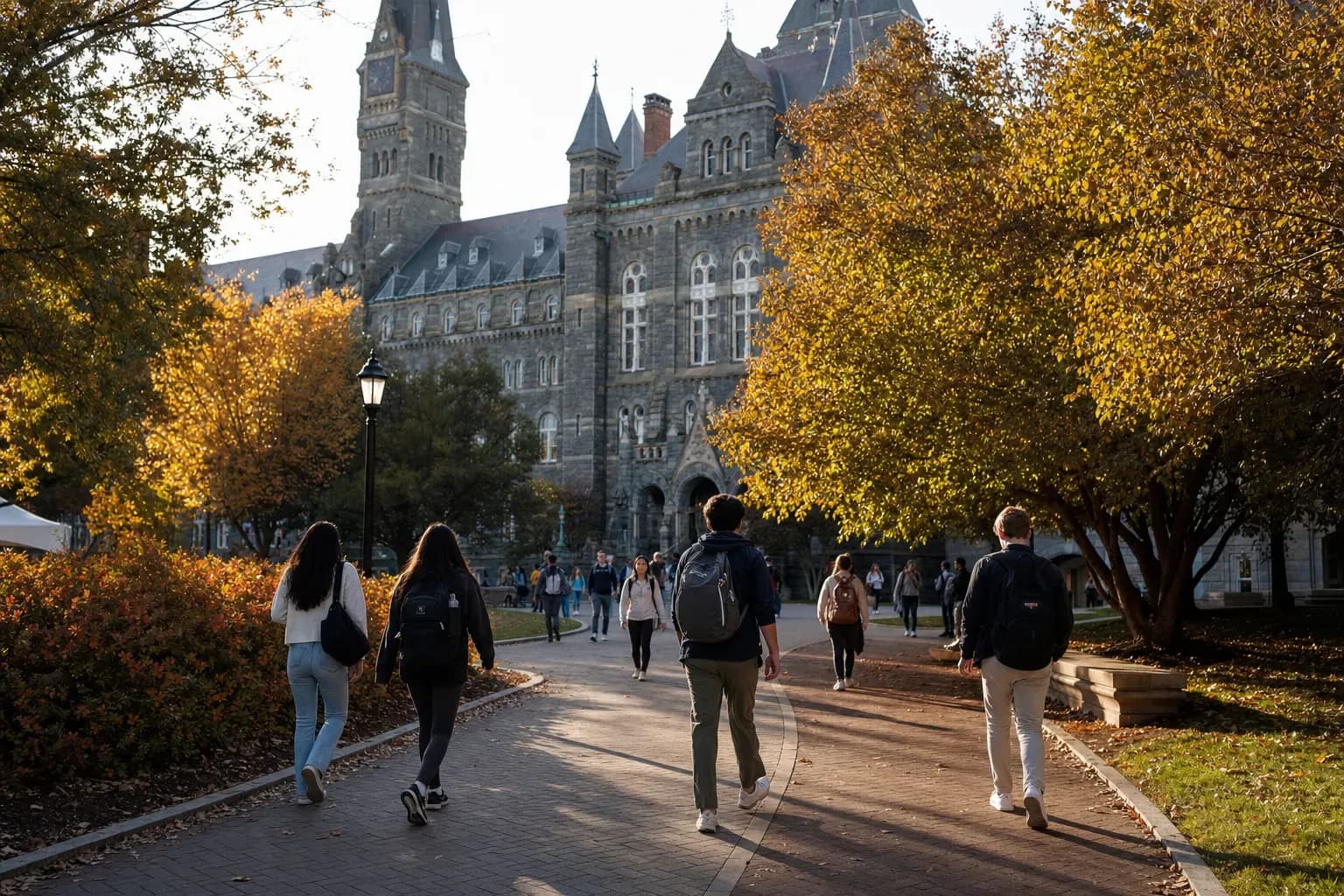 Georgetown University 喬治城大學的寫實校園景緻,學生在建築前漫步