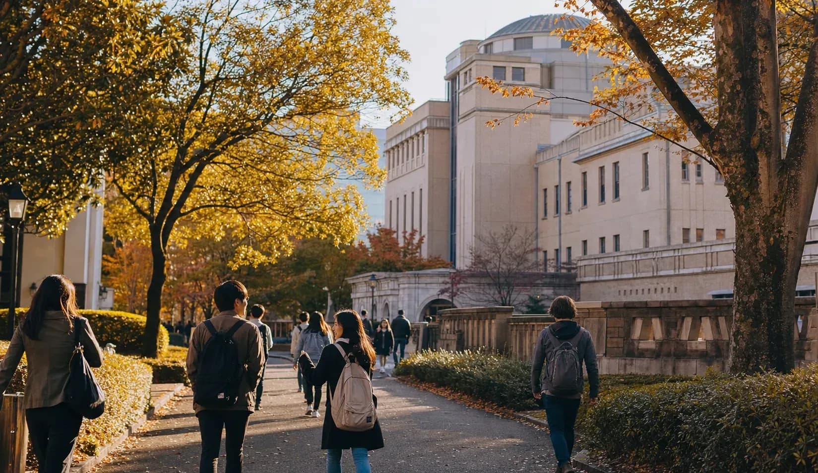 GRIPS 國立政策研究大學院大學的寫實校園景緻,學生在建築前漫步