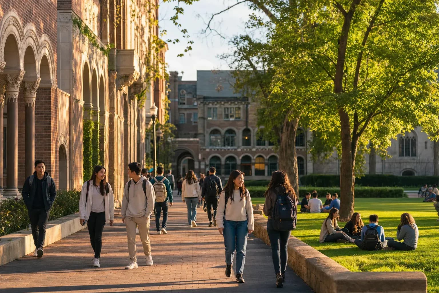 美麗且陽光明媚的大學校園,學生們背著背包走在校園中
