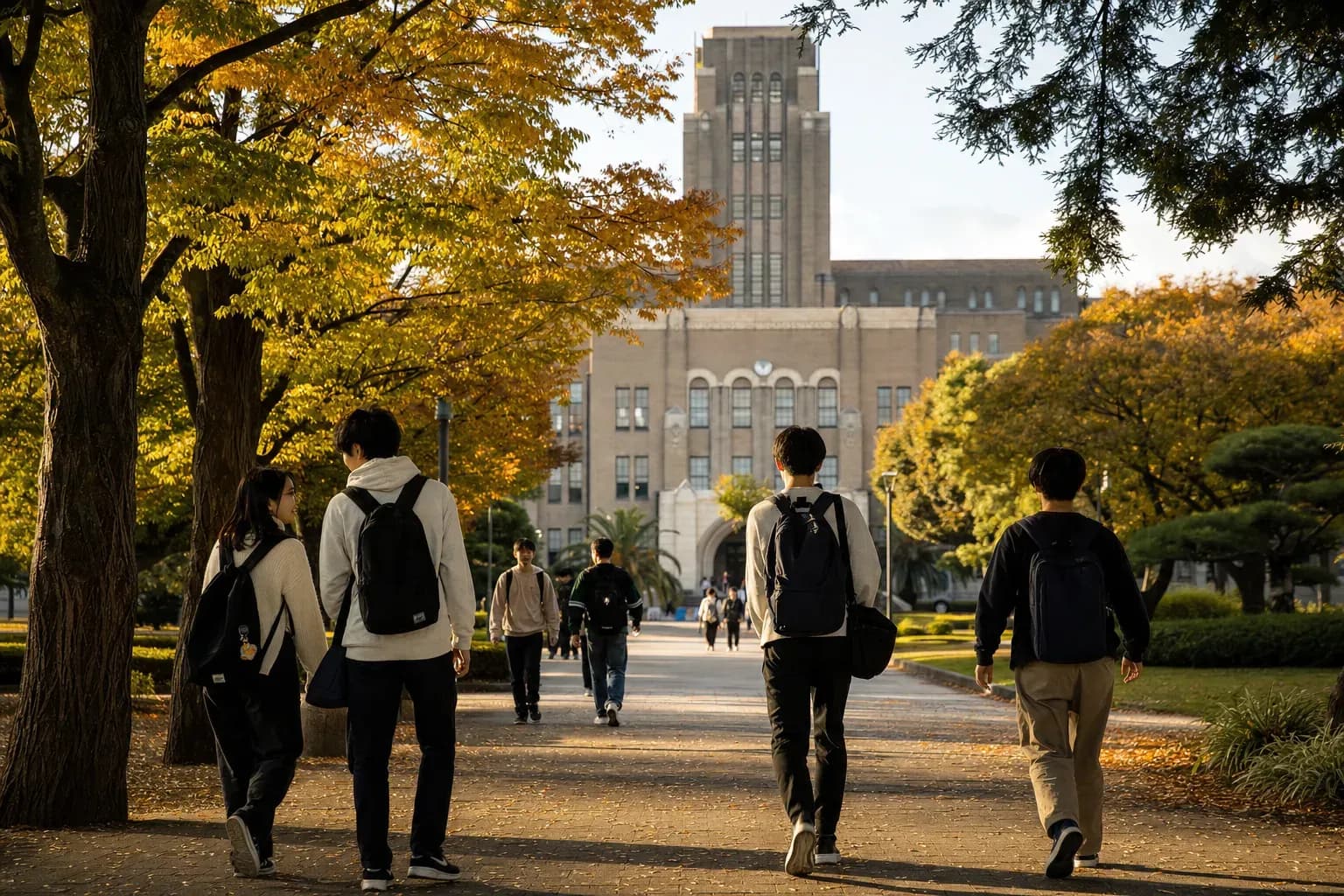 Kyushu University 九州大學的寫實校園景緻,學生在建築前漫步