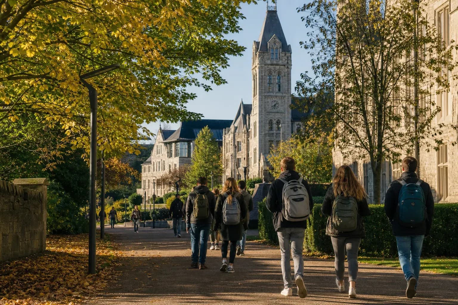 Lancaster University 蘭卡斯特大學的寫實校園景緻,學生在建築前漫步