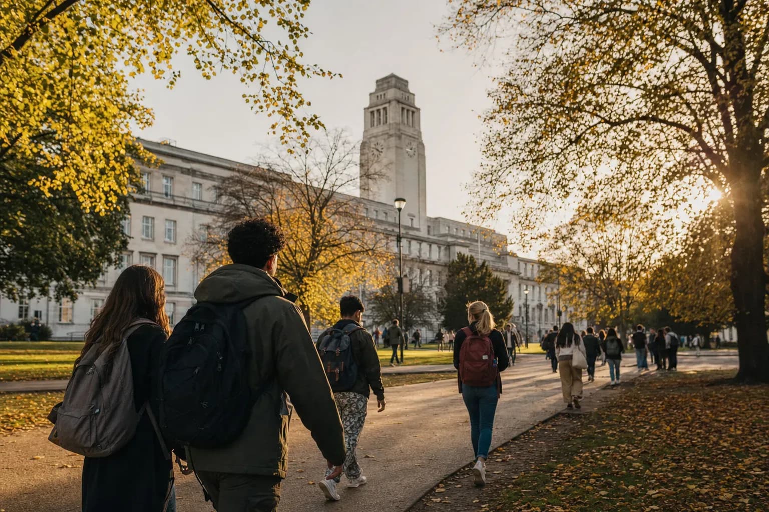 University of Leeds 利茲大學的寫實校園景緻,學生在建築前漫步
