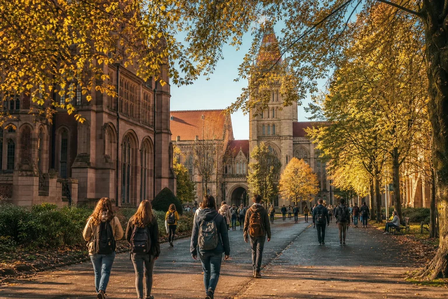 University of Manchester 曼徹斯特大學的寫實校園景緻,學生在建築前漫步