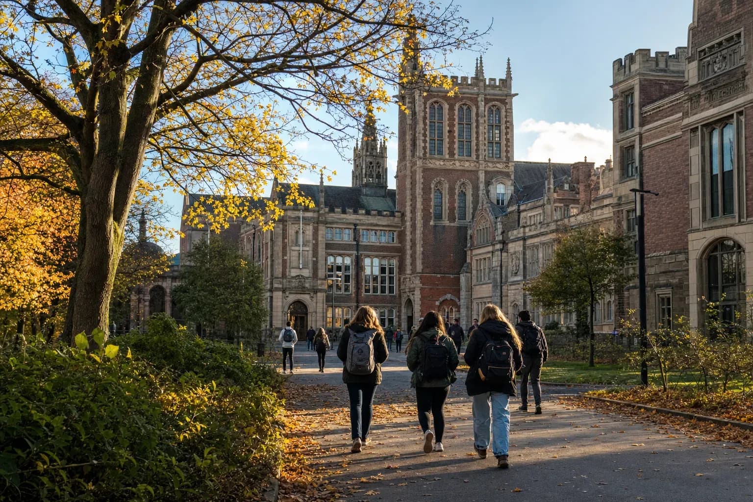 Newcastle University 紐卡索大學的寫實校園景緻,學生在建築前漫步