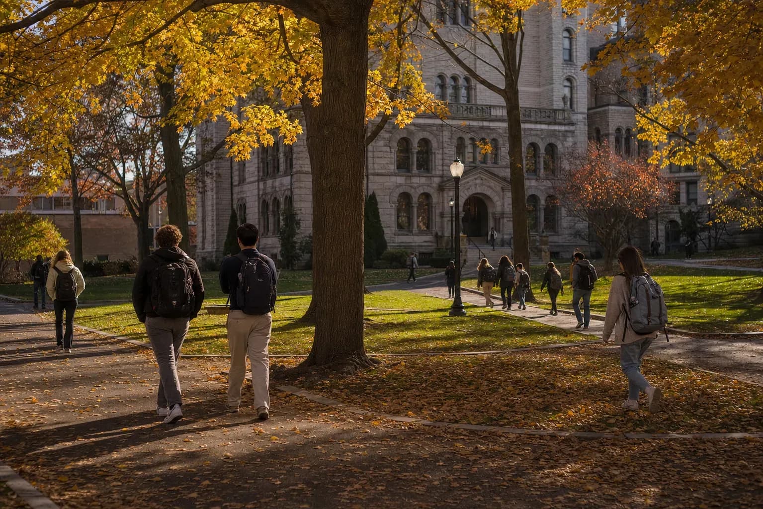 Northeastern 東北大學的寫實校園景緻,學生在建築前漫步