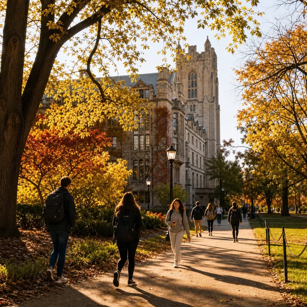 Northwestern University 西北大學的寫實校園景緻,學生在建築前漫步