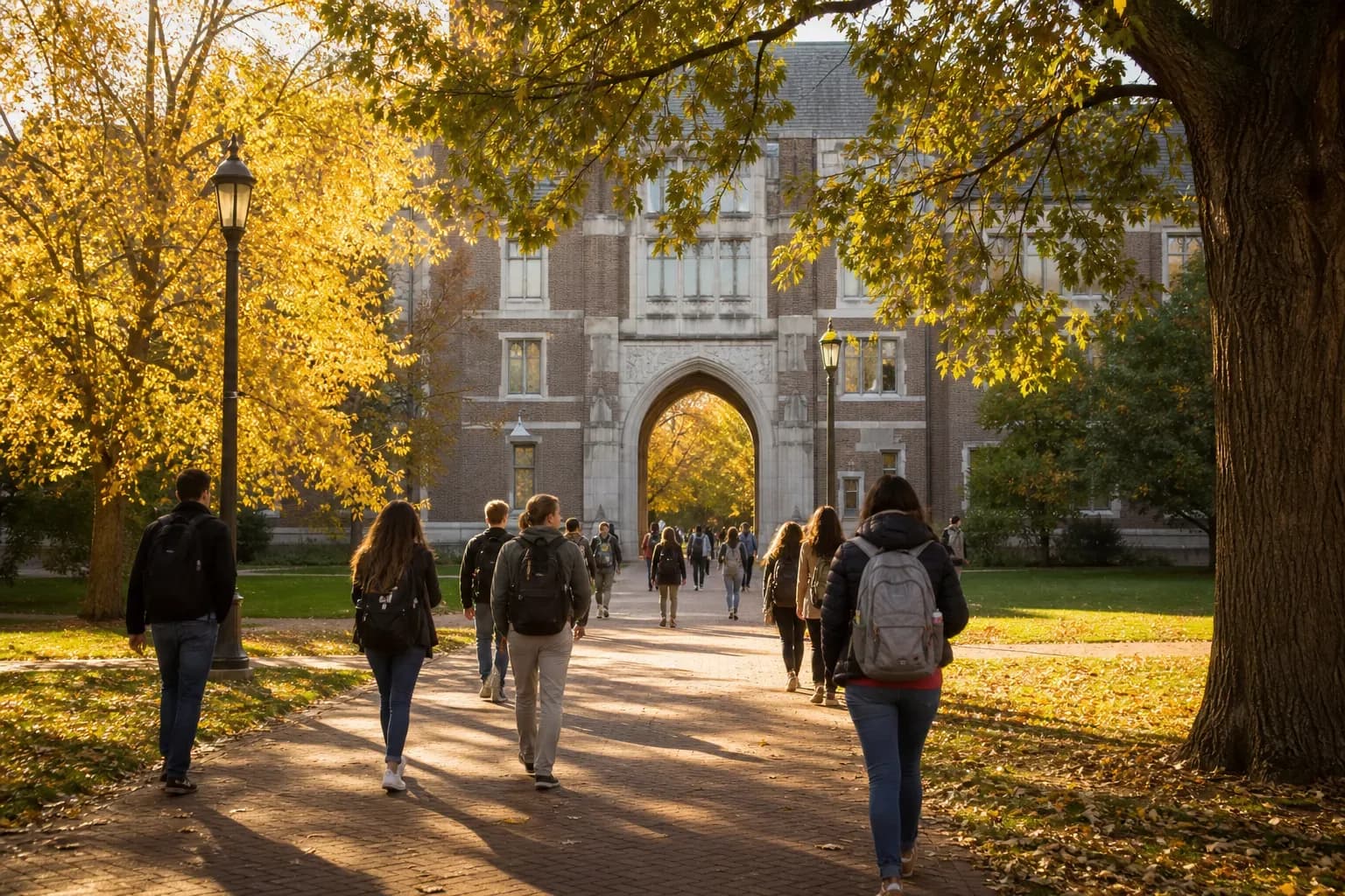 Ohio State 俄亥俄州立大學的寫實校園景緻,學生在建築前漫步