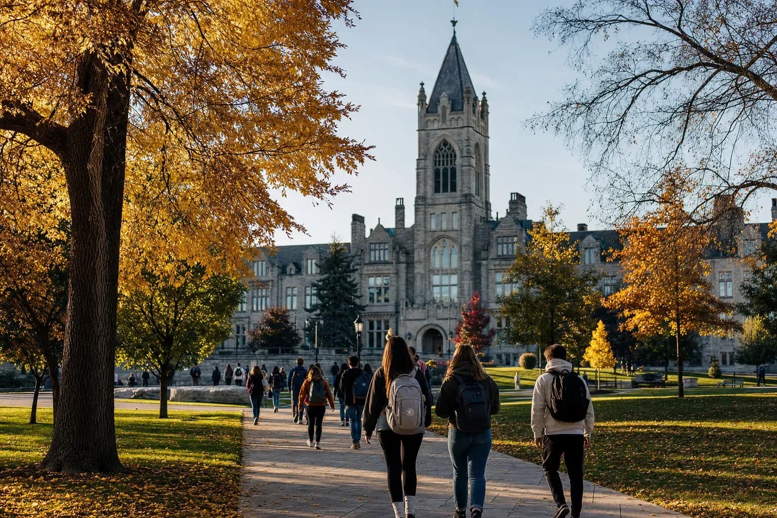 Queen's University 皇后大學的寫實校園景緻,學生在建築前漫步