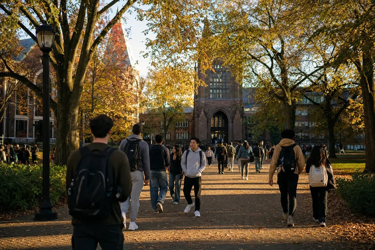 Rutgers New Brunswick 羅格斯大學的寫實校園景緻,學生在建築前漫步