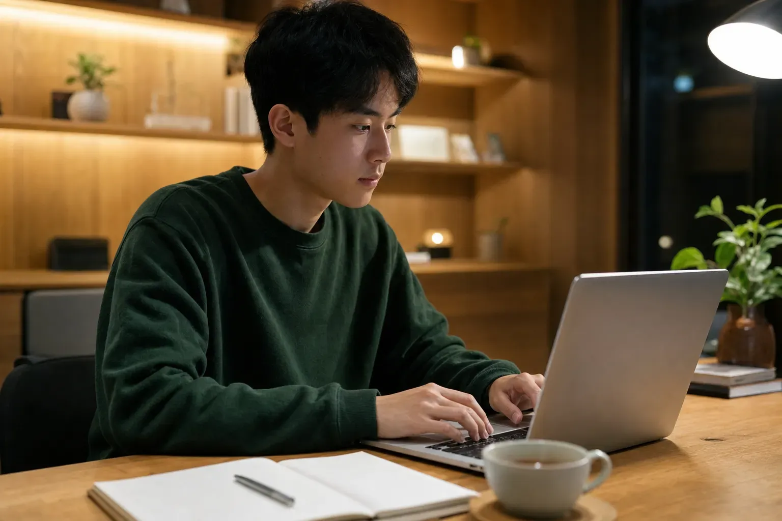 一位專注的學生在溫馨的書房中用電腦撰寫申請文書