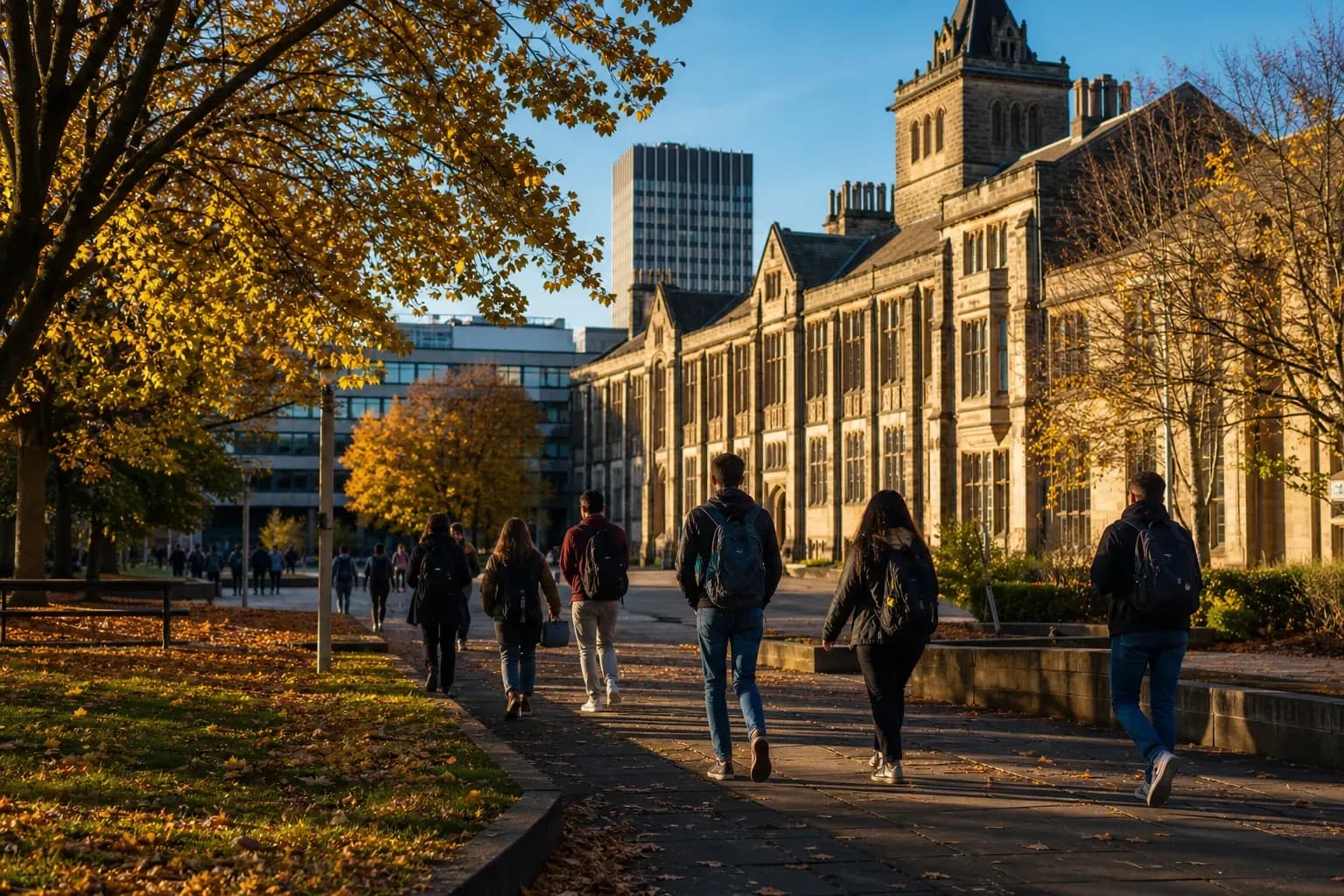 University of Sheffield 雪菲爾大學的寫實校園景緻,學生在建築前漫步